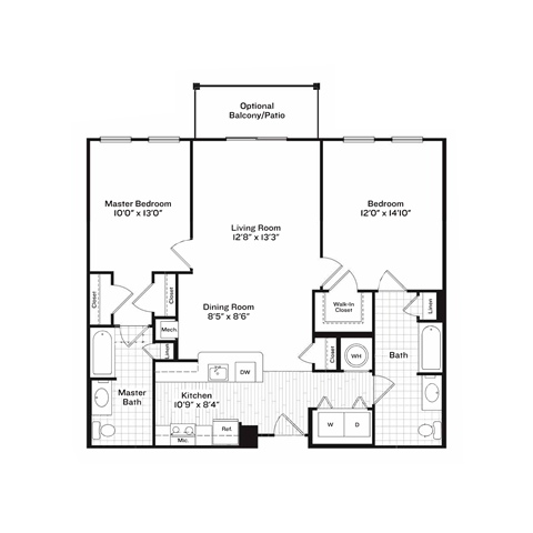 Floor plan for 2 beds, 2 baths, 1110 sqft